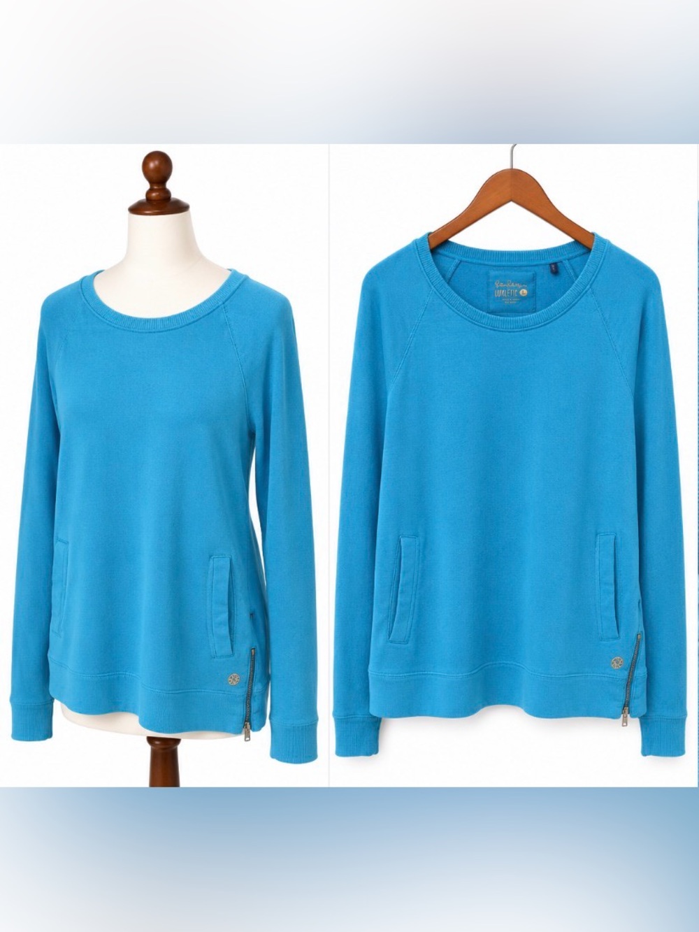 Lilly Pulitzer Luxletic Blue Pullover Sweatshirt Large Side Zip Pockets